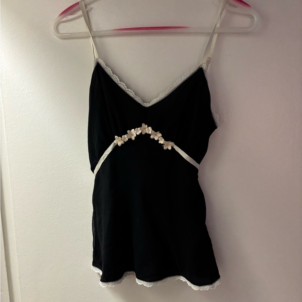 Miguelina Vintage Black Silk Tank with Flowers